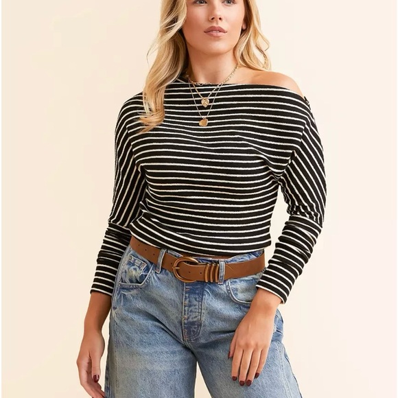 HYFVE Black and White Striped Off the Shoulder Boatneck Top - Picture 5 of 8